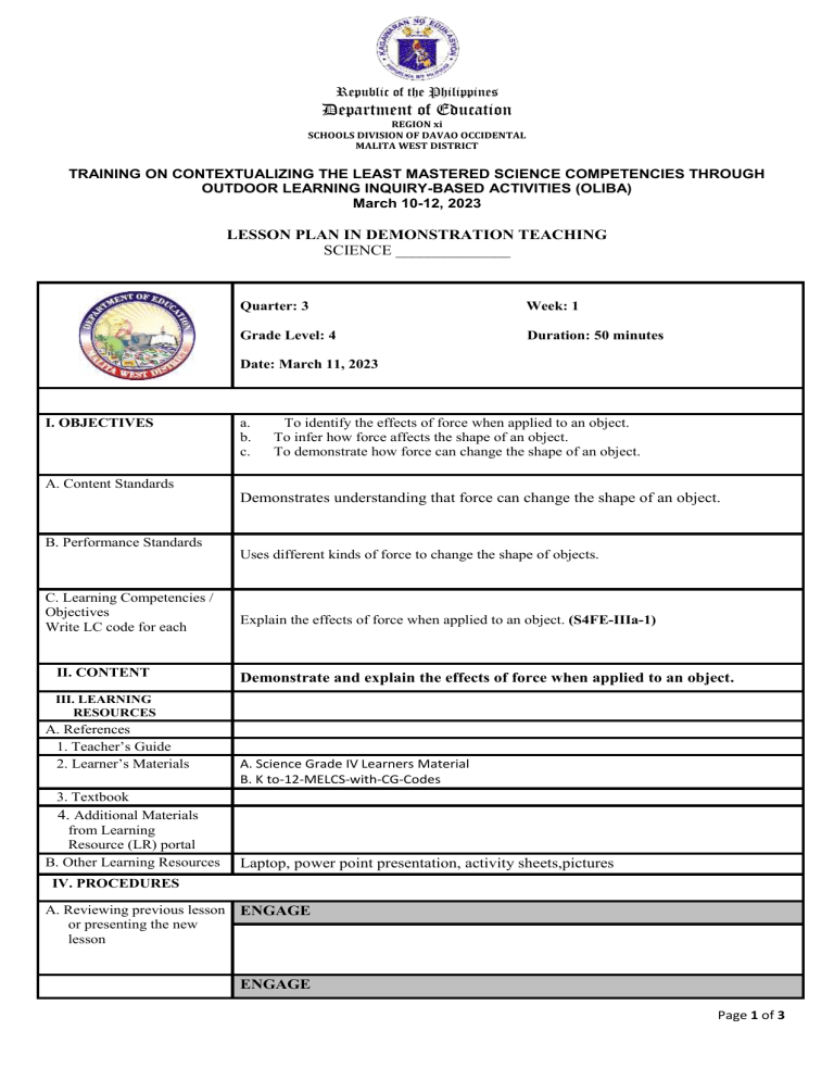 Grade 4 Science Lesson Plan Force And Motion