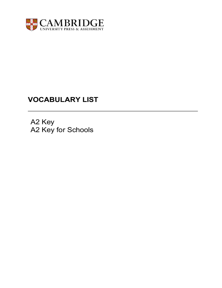 A2 vocabulary list
