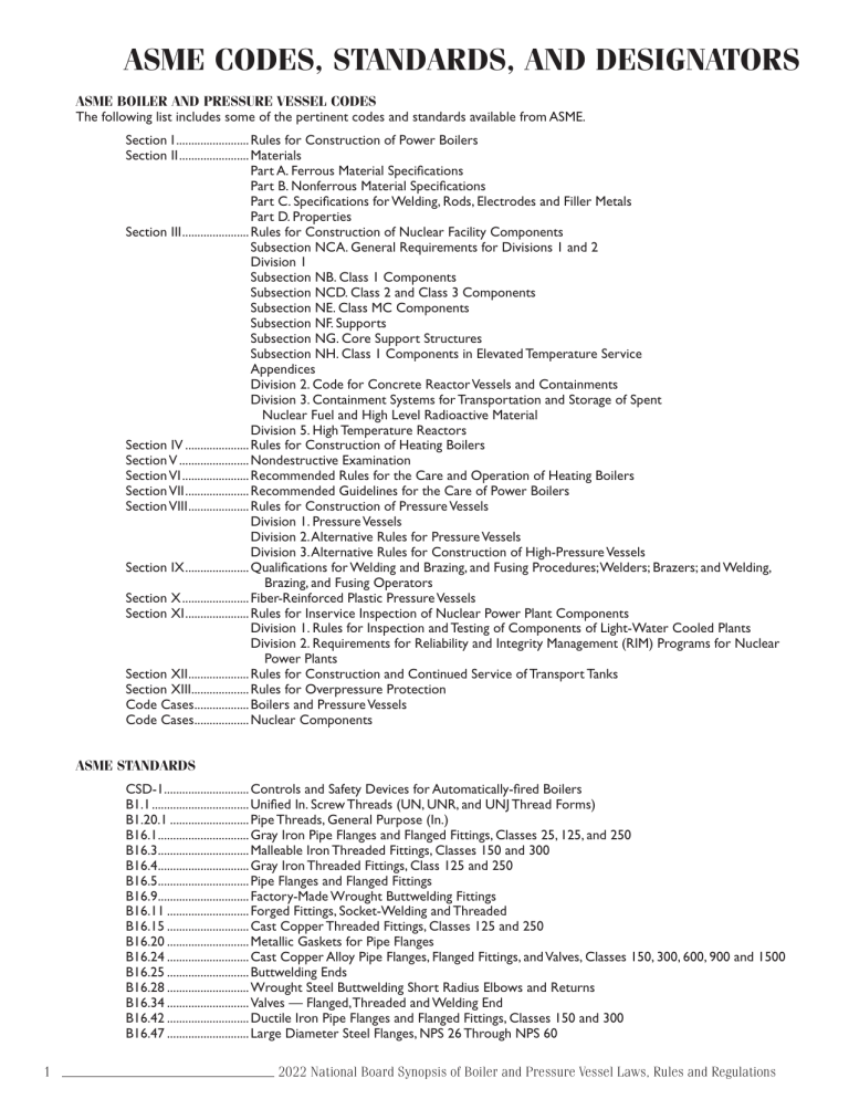 ASME Codes Standards And Designators Reference Guide