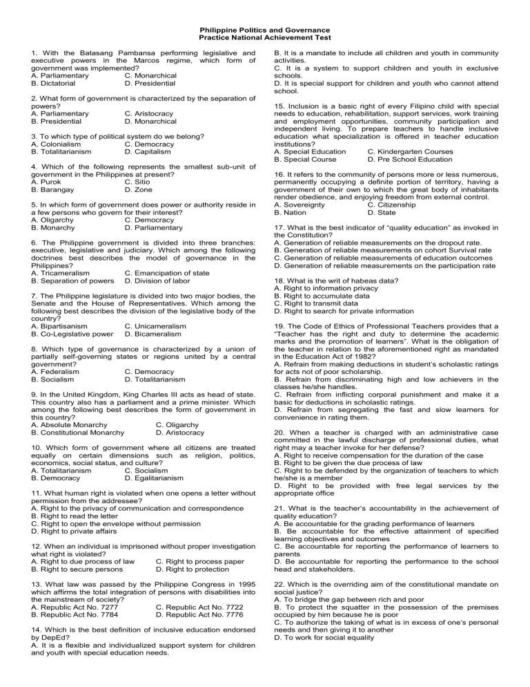 Philippine Politics And Governance Practice National Achievement Test 8858