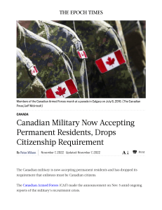 Canadian Military Now Accepting Permanent Residents