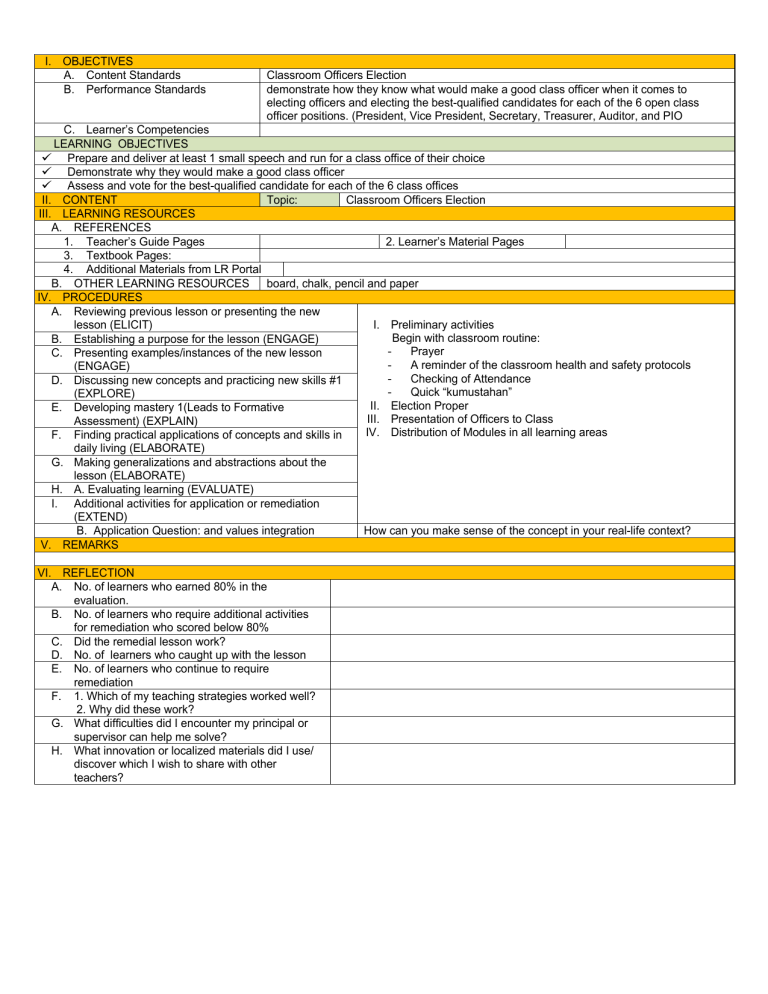 Classroom Officer Election Lesson Plan