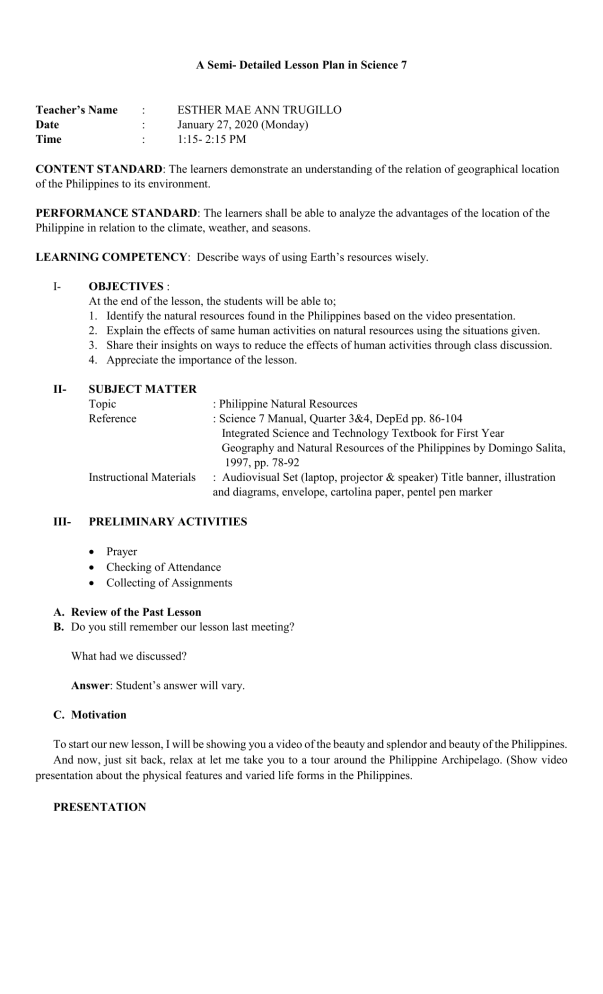 A Semi Detailed Lesson Plan In Science 7
