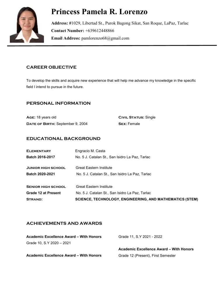 Work Immersion Resume Sample For Ojt Senior High School - Printable ...