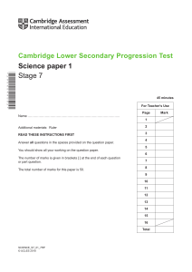 Cambridge Lower Secondary Progression Test - Science 2018 Stage 7 - Paper 1 Question