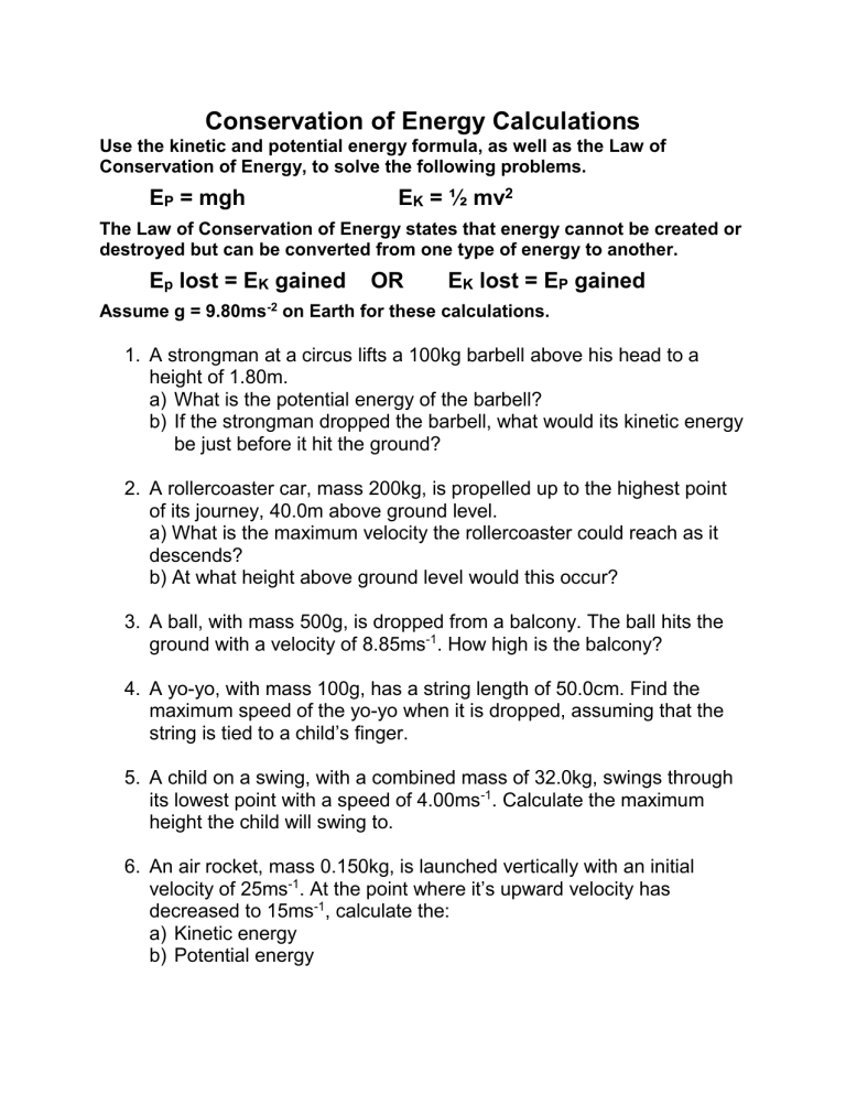 Conservation Of Energy Worksheet Kinetic Potential Energy