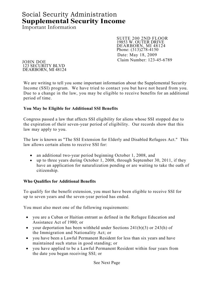 Main Sample ssi award letter