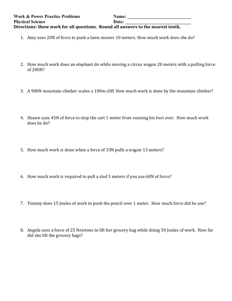  Work And Power Practice Problems Worksheet