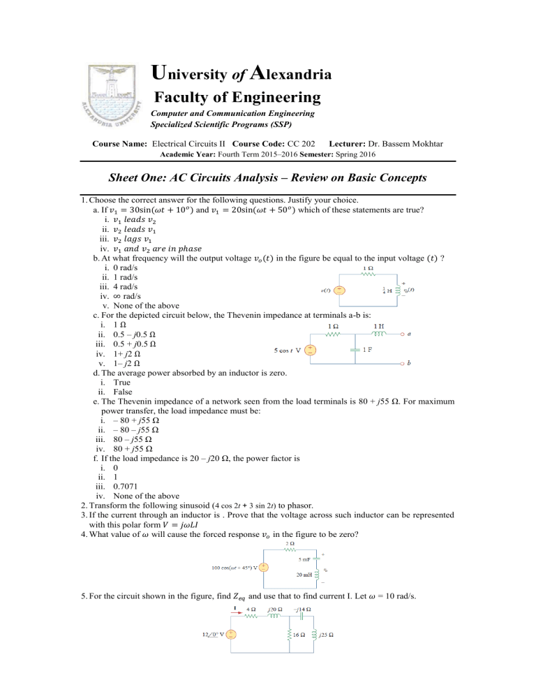 Sheet 1-Electrical Circuits II