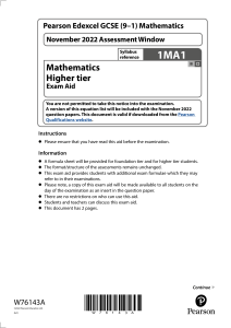 W76143 GCSE Mathematics 1MA1 Exam Aid 1H-2H-3H Nov-2022