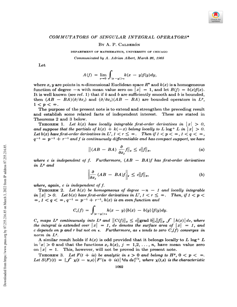 CALDERON - Commutators Of Singular Integral Operators, 1965