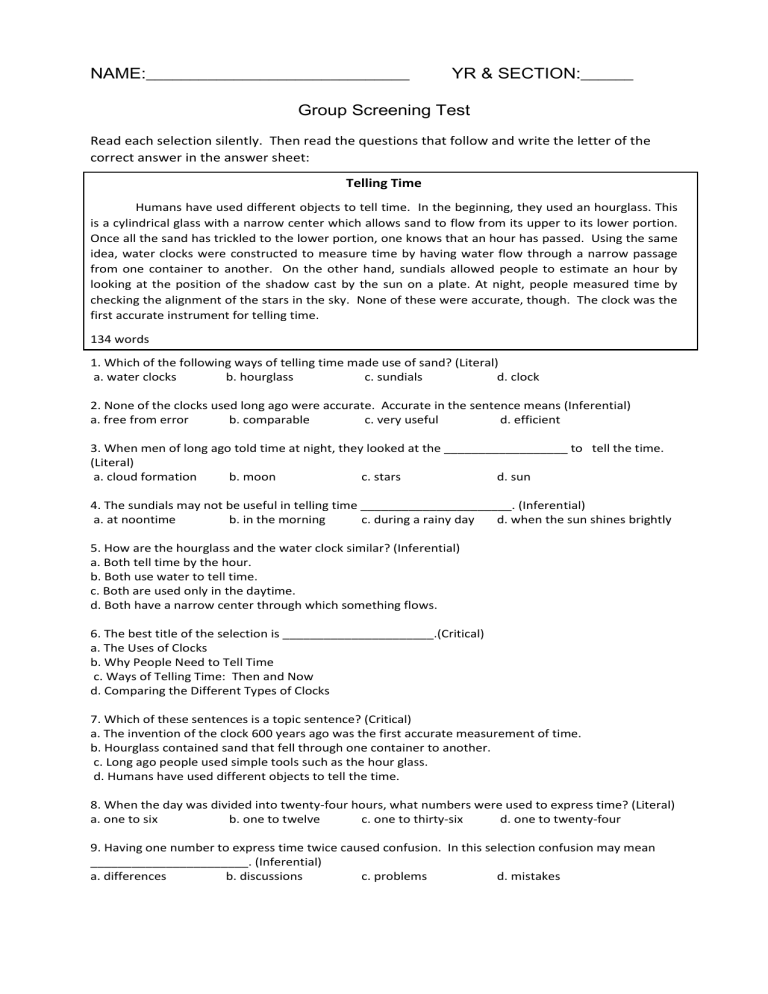 Group Screening Test Grade 7