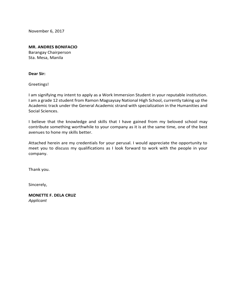 sample application letter for work immersion humss student