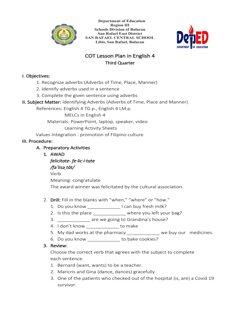 COT Lesson Plan in English 4 3rd Quarter