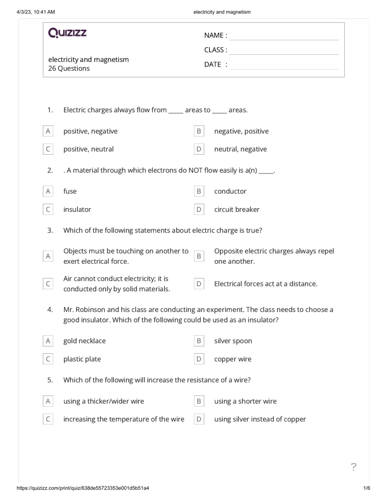 electricity and magnetism quiz