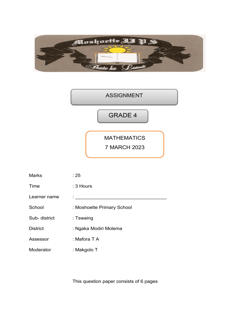 grade 4 maths assignment term 1 2021