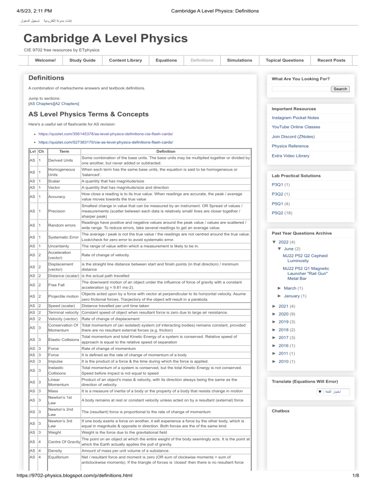 Cambridge A Level Physics Definitions