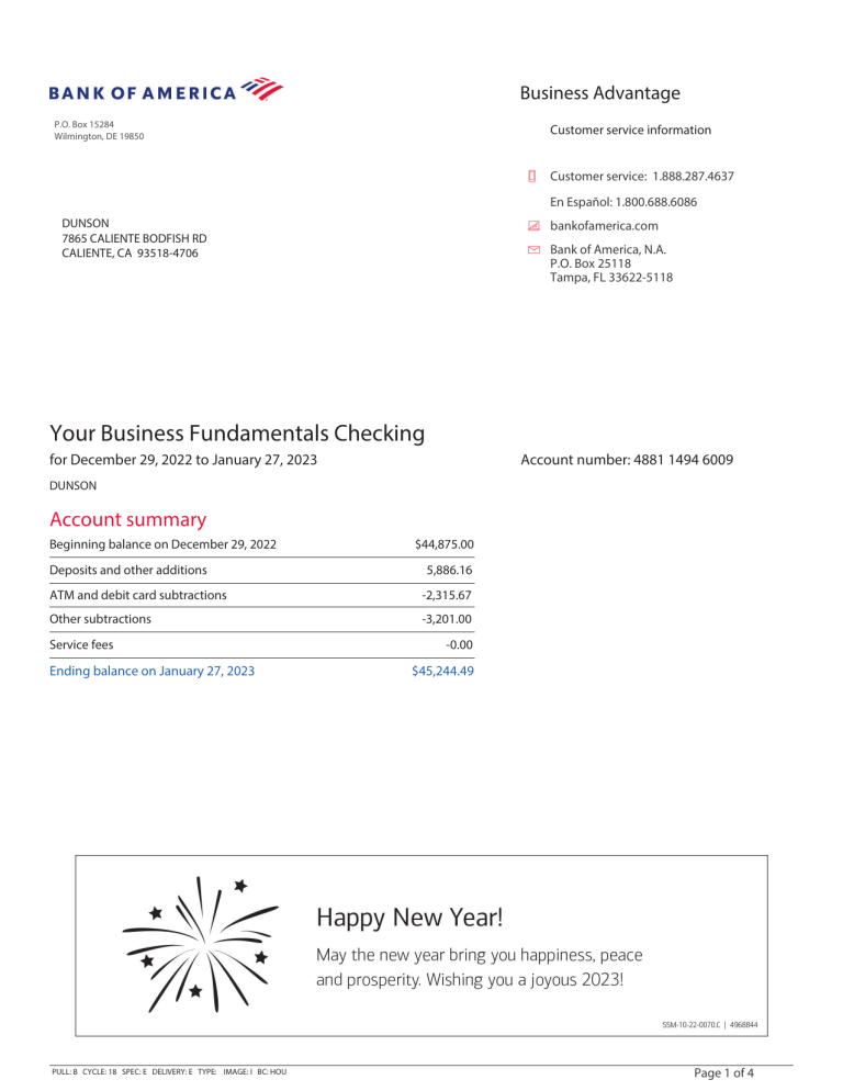 Bank Of America Bank Statement Template