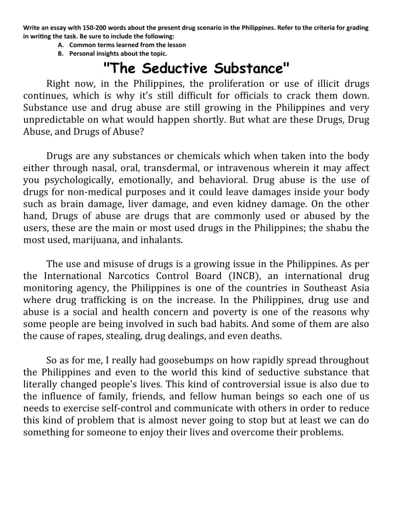 essay about drugs scenario in the philippines 150 words