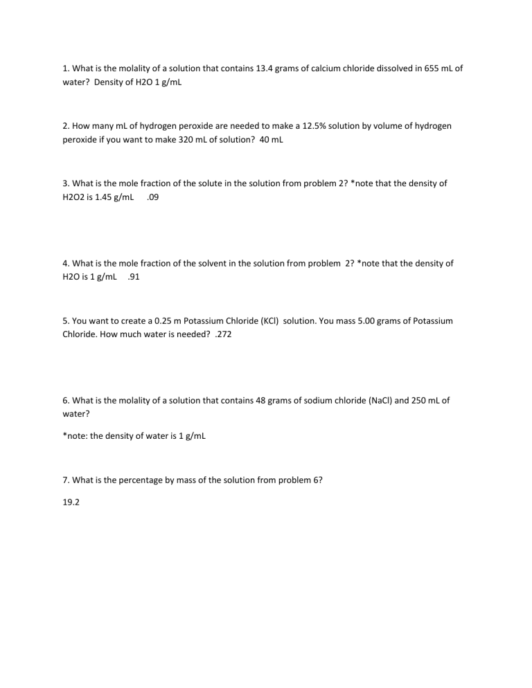 Solution Concentration Calculations Worksheet