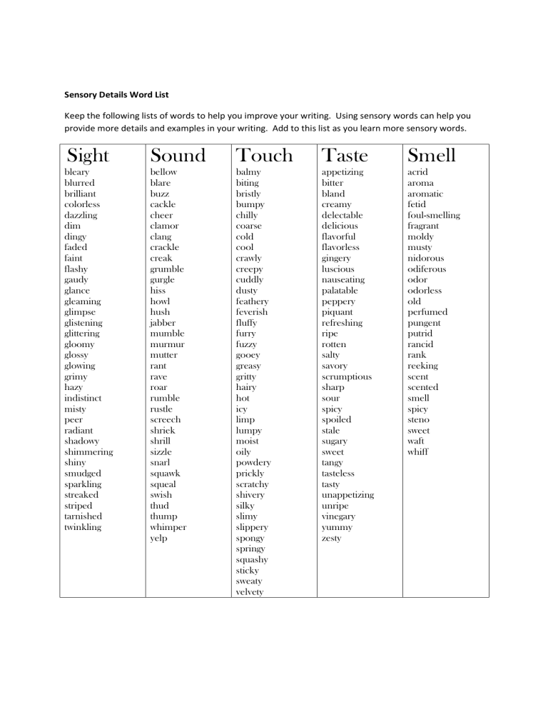 Sensory Word List For 5th Grade