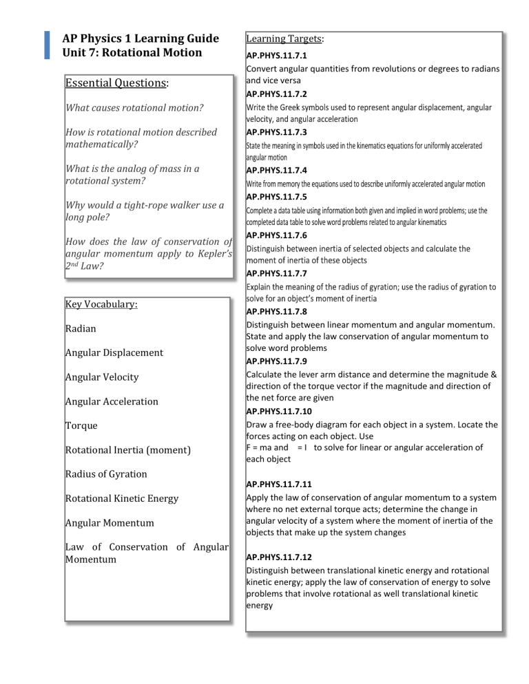 AP Physics 1 Learning Guide Unit 7 Rotational Motion