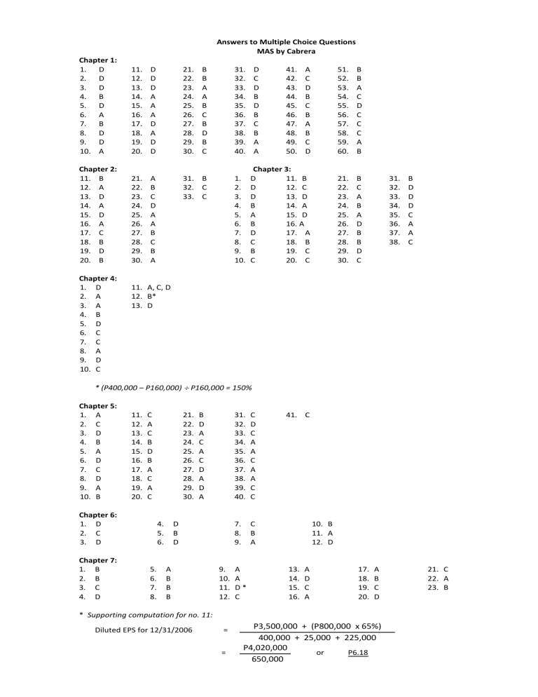 Answers To Multiple Choice Questions