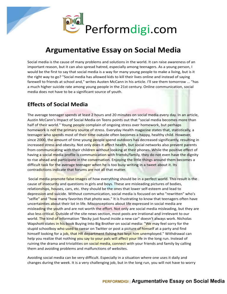 Argumentative Essay On Social Media Pdf