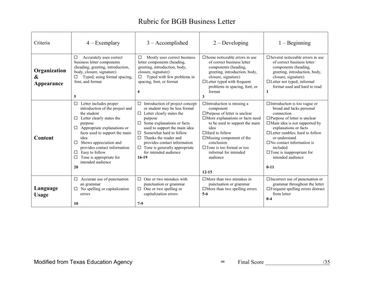 BGB Business Letter Rubric