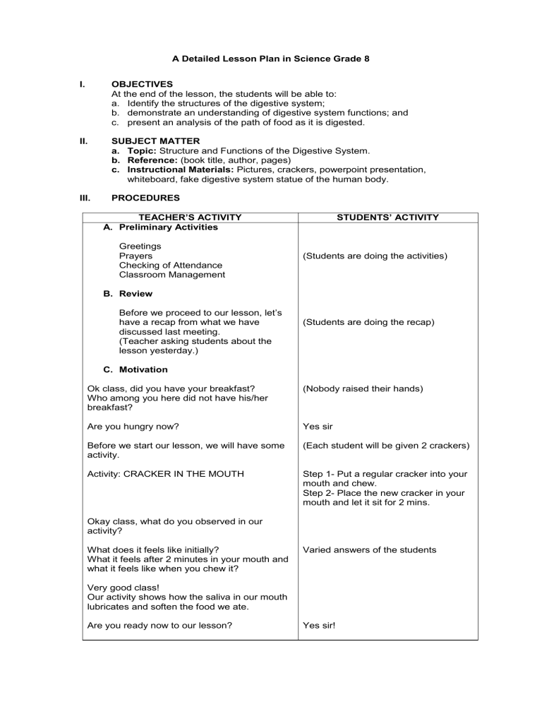 A Detailed Lesson Plan In Science Grade 1 