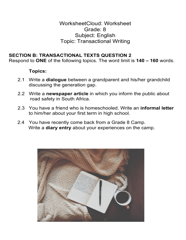 Grade 8 English Transactional Writing Worksheet
