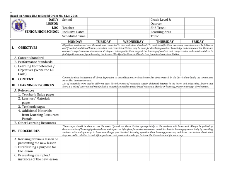 1 SHS DAILY LESSON LOG DLL TEMPLATE By