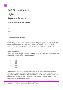 AQA Physics Paper 2 Higher Predicted Exam 2022