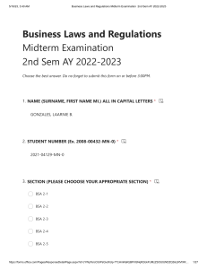 Midterm Exams for Business Law and Regulation 