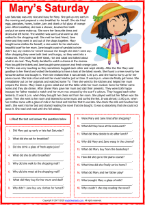 past simple marys saturday esl reading comprehension questions worksheet