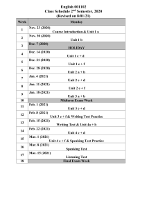 102 Class Schedule 2nd Semester 2020 Monday3hr