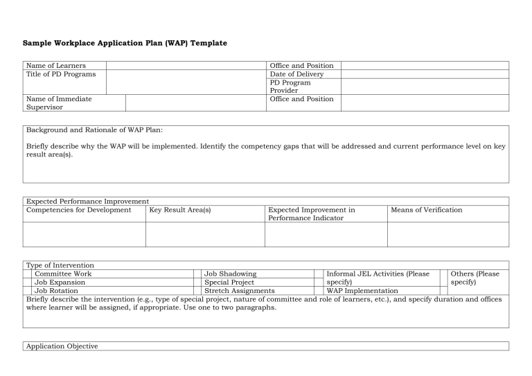 Sample Workplace Application Plan WAP Template