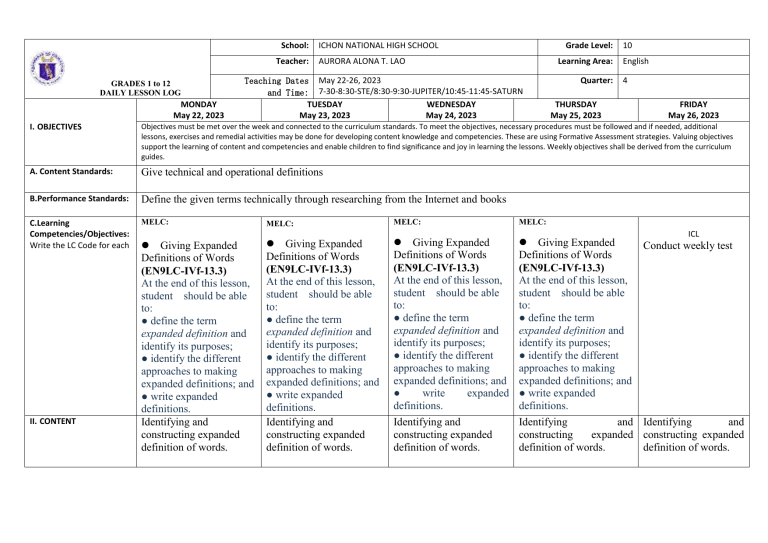Daily Lesson Log english