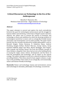 Critical Philosophical Discourses on Technology in the Era of the Anthropocene 