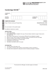 IGCSE Computer Science Paper 2 Exam - Problem Solving