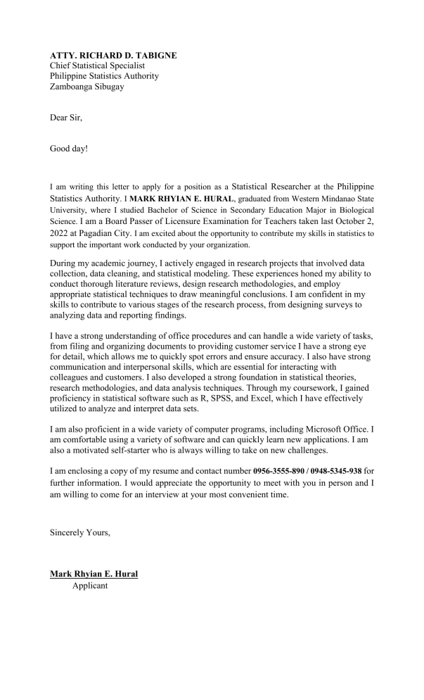 Statistical Researcher Application Letter