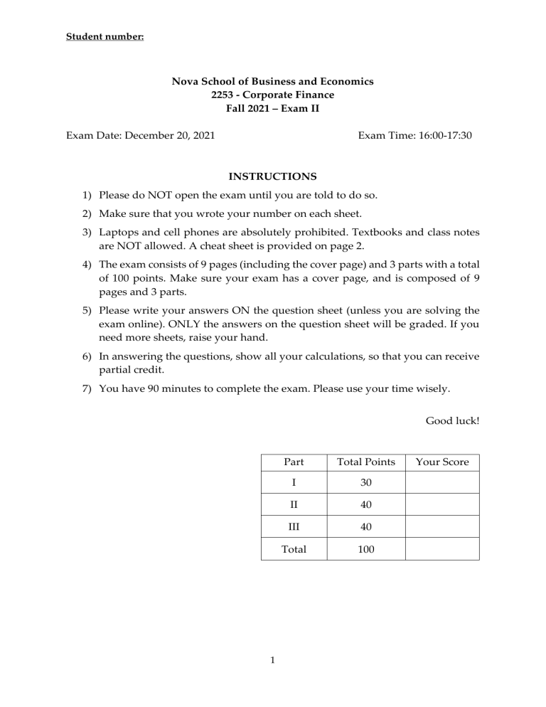 Corporate Finance Practice Exam W/Solutions