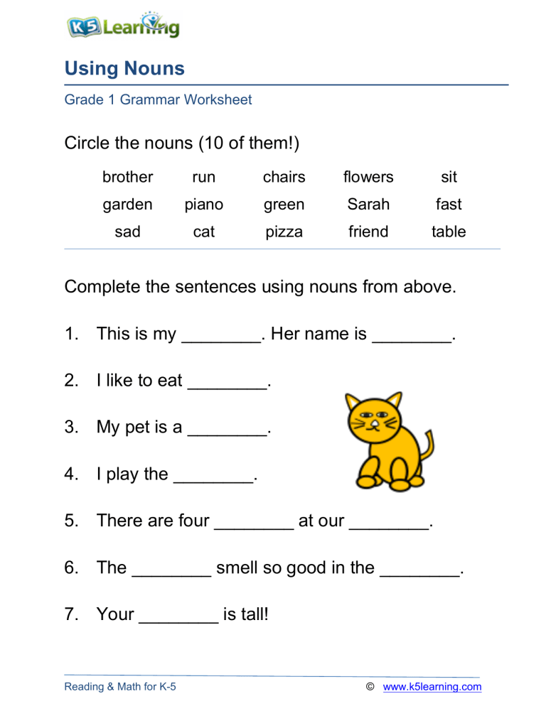 Grammar worksheet grade 1 nouns 3