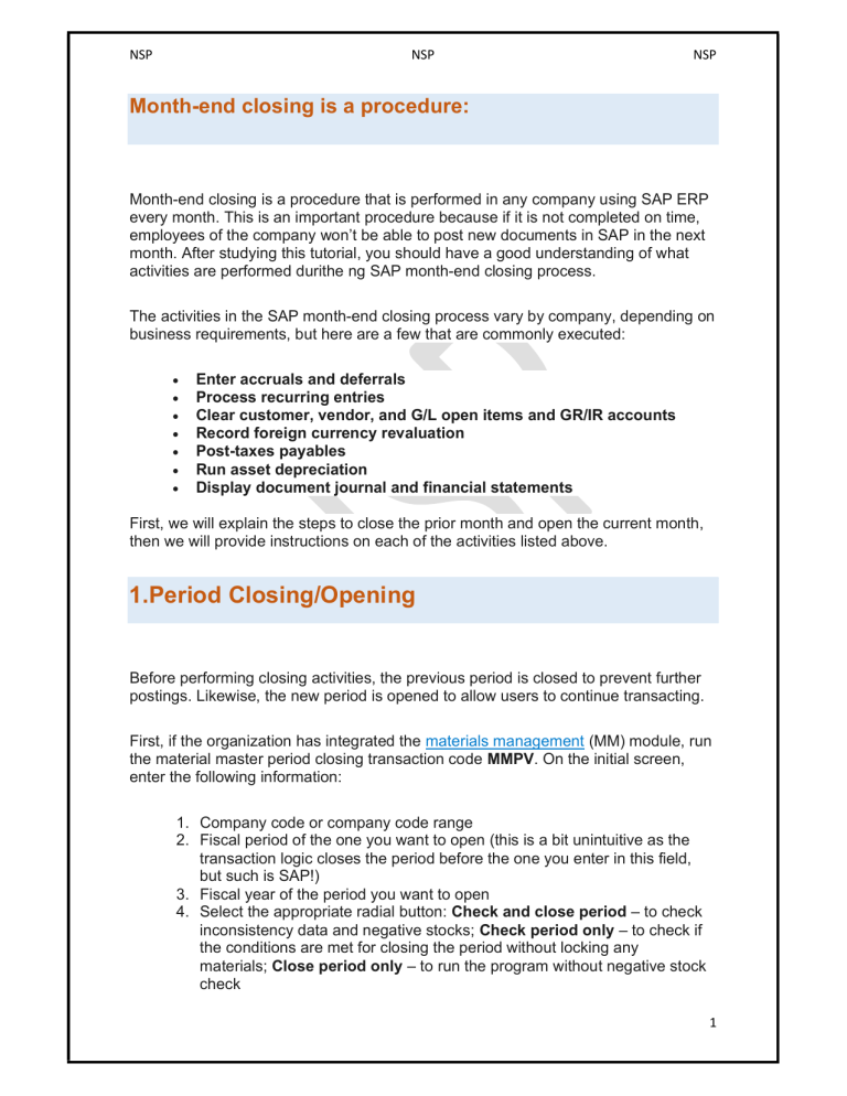 SAP MM Month End And Year End Closing Procedure