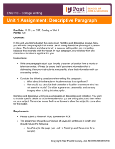 Unit 1 Assignment- Descriptive Paragraph
