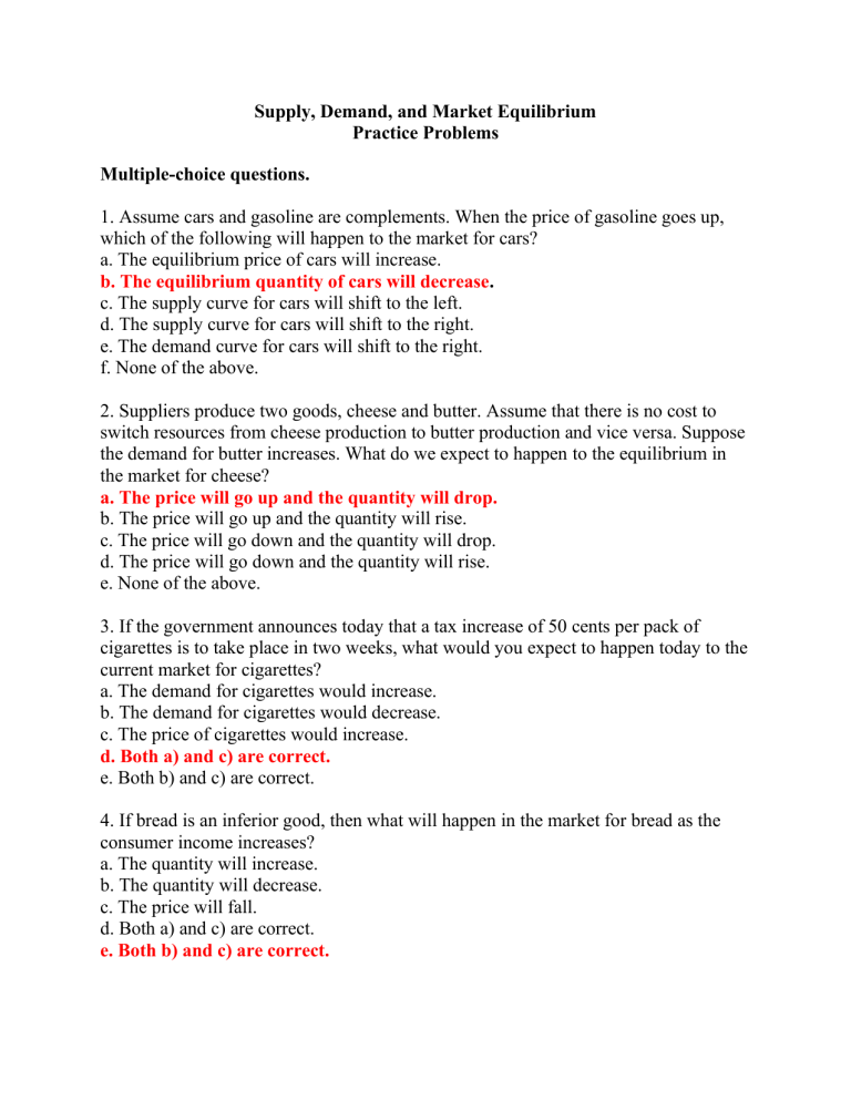 Supply Demand And Market Equilibrium Practice Problems