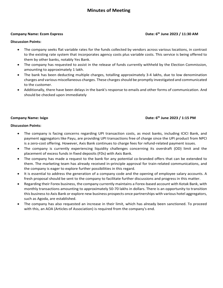 Minutes Of Clients Meeting 6th June