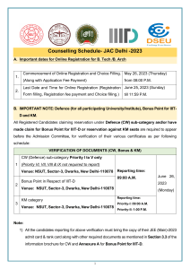 Counselling Schedule- JAC Delhi -2023