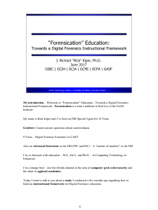 Forensication Education - Towards a Digital Forensics Instructional Framework - by Dr. Rick Kiper