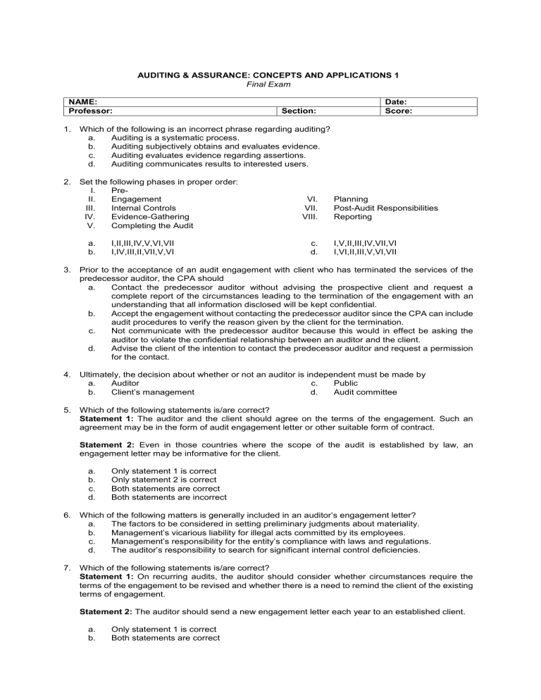 AUD APPLICATIONS 1 EXAM